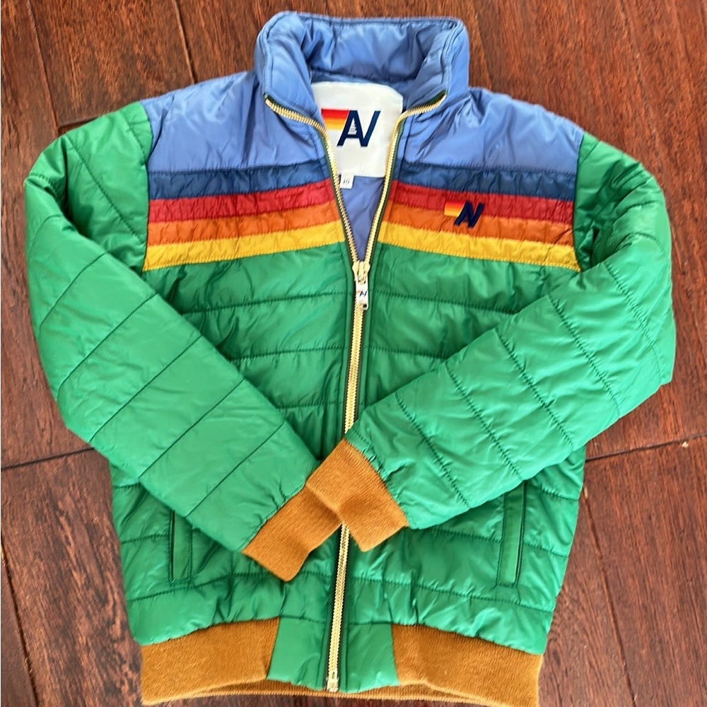 Size 10 Kids Aviator Nation Journey Jacket in green w/ stripes